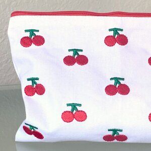 White Cotton Embroidered Red Cherry Cherries Zippered Pouch Cosmetic Travel Bag
